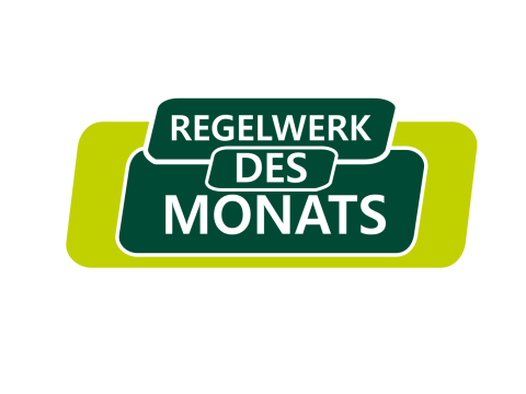 Drei Sprechblasen mit den Worten "REGELWERK", "DES" und "MONATS"