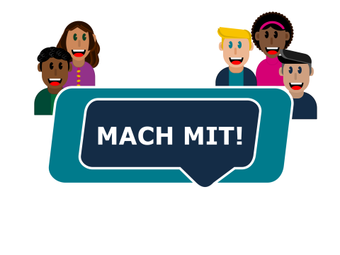 Eine Sprechblase mit der Aufschrift "MACH MIT!" dahinter 5 Charaktere